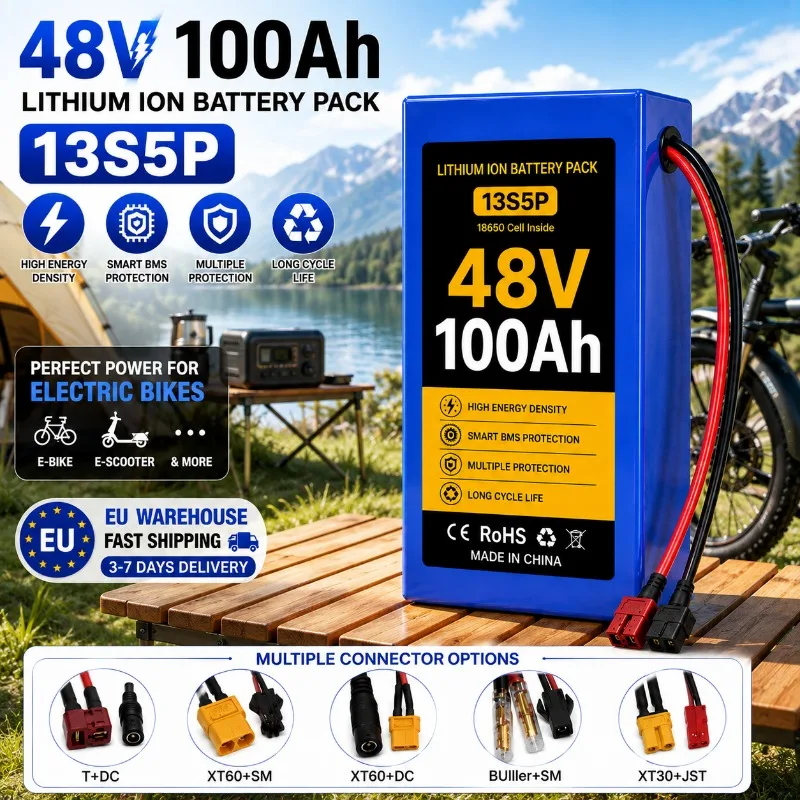 Pacco batteria 48V 18650 13S5P 100000mAh, batteria ricaricabile al litio con BMS intelligente per bici elettriche, scooter, motori brushless da 500-1000W, conversione fai-da-te, alimentazione,