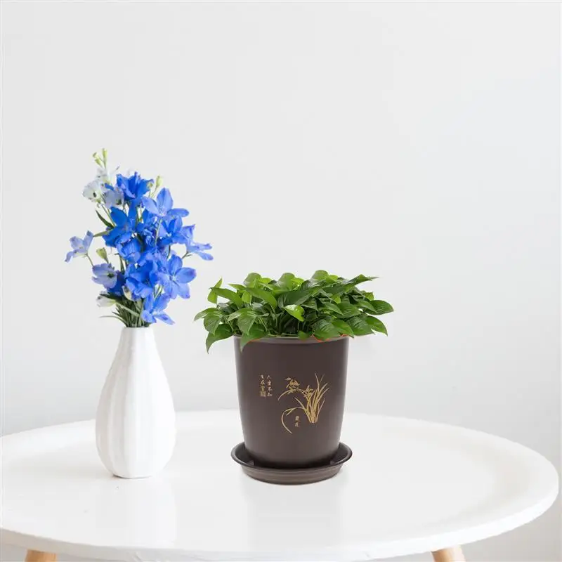 2 Sets Orchid Pots Plastic Imitation Porcelain Flowerpot Planter with Trays Durable and Lightweight Plant Nursery Pots