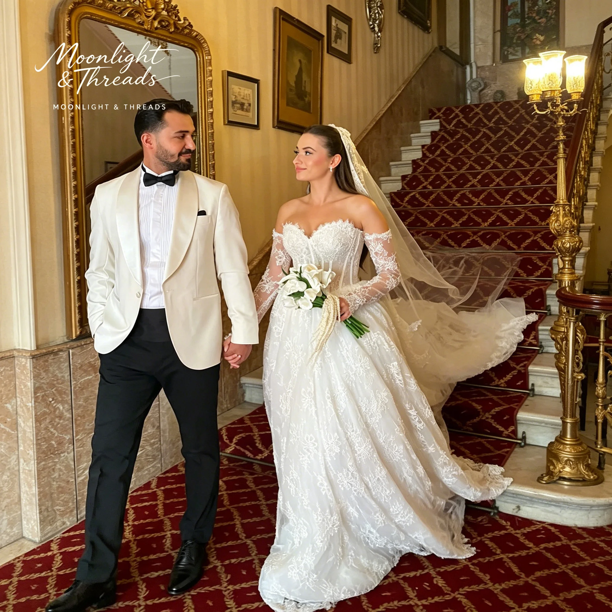 White strapless sleeveless ball gown floor-length formal occasion wedding dress with exquisite lace embroidery