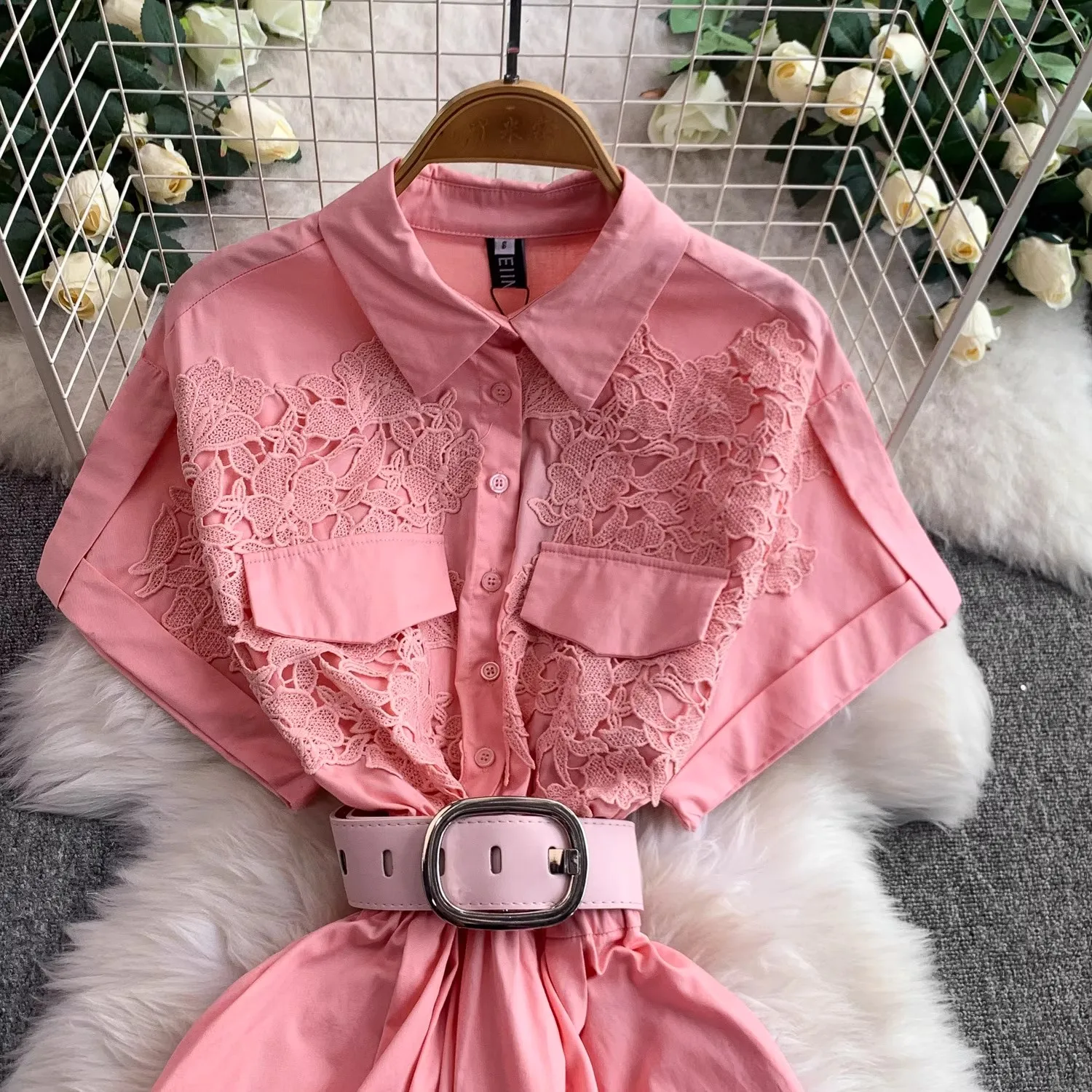 Elegant Hollow Out Lace Patchwork Midi Long Dresses Shirt Women Summer Turn Down Neck Short Sleeve Belt Evening Party Vestidos