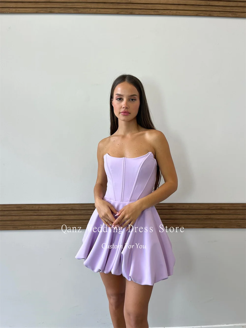 Qanz Simple Satin Prom Dresses Lilac Short A Line Graduation Party Dress Strapless Mini Women Vestidos De Fiesta Customized