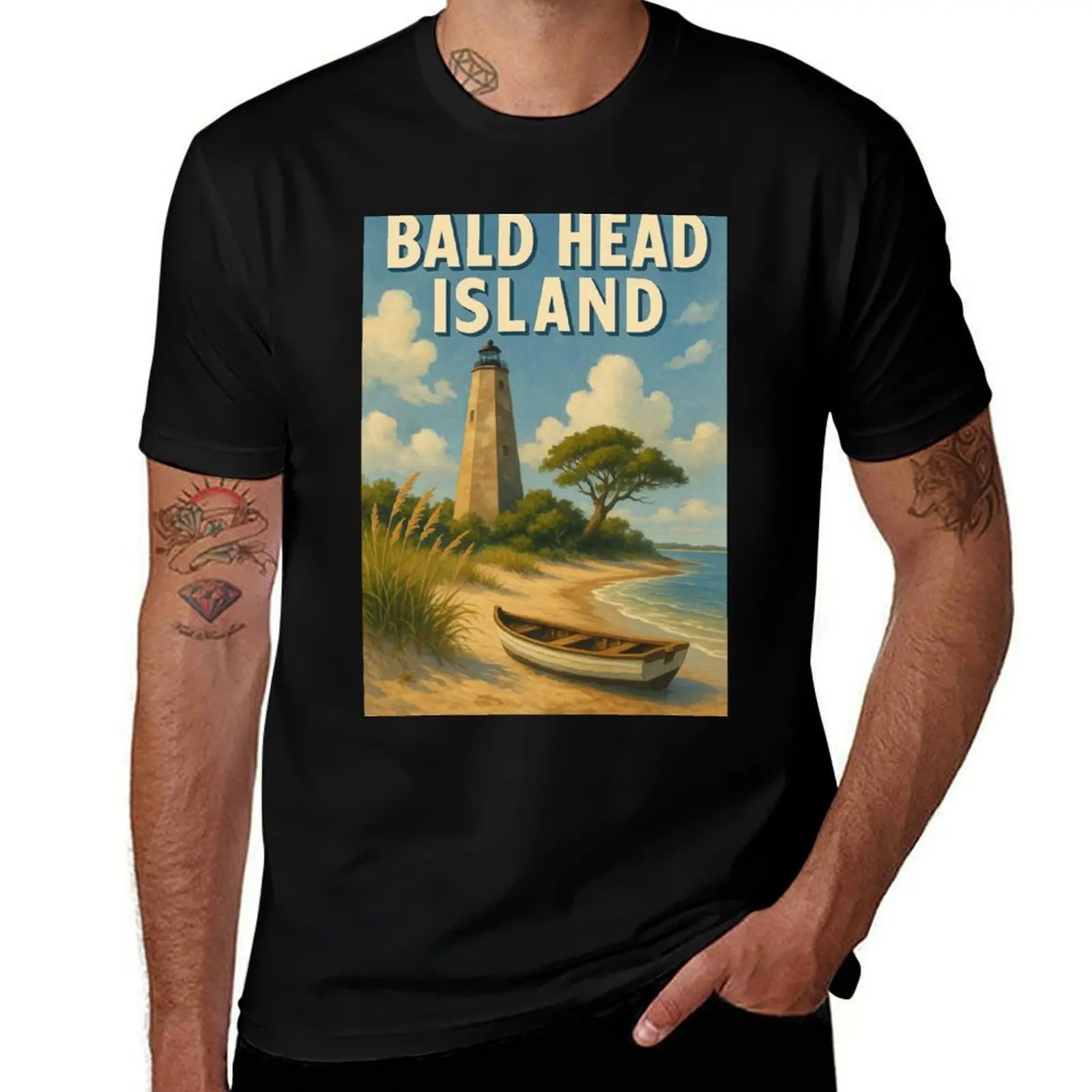 

Bald Head Island Lighthouse with Beach and Rowboat T-Shirt boys whites cute clothes sweat t shirt men
