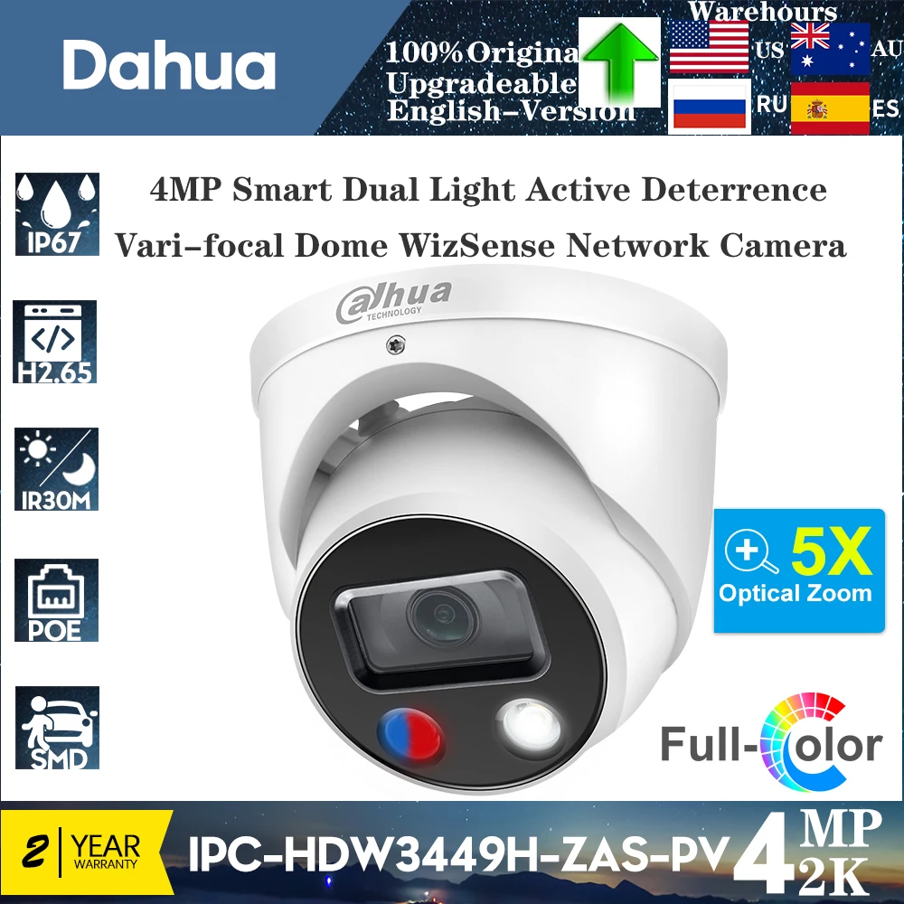 Dahua Original IPC-HDW3449H-ZAS-PV 4MP Smart Dual Light Active Deterrence Vari-focal Dome WizSense Network Camera