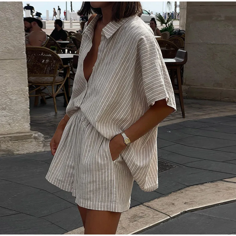 

Women Elegant Stripes Cotton Linen Loose Shirt Shorts Suits Fashion Lapel Half Sleeves Elastic Waisted Shorts Summer Lady Outfit