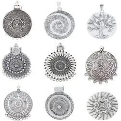 2pcs Antique Silver Large Boho Medallion Retro Charms Pendants Connector for DIY Necklace Jewelry Making Findings