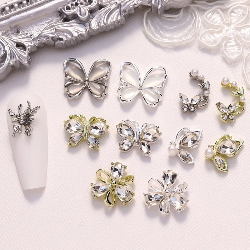 10PCS 3D Luxury Alloy Nail Butterfly Charms Parts Jewelry Accessories Rhinestones Flower For Manicure Nails Decoration Supplies