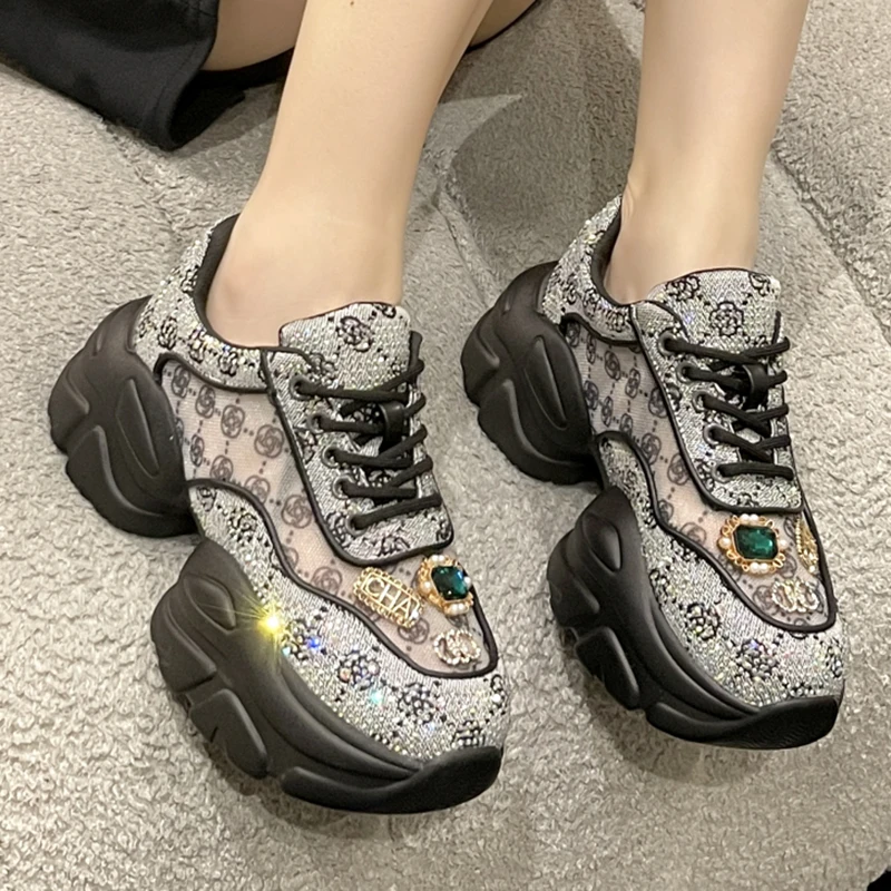 Women Luxury Shoes Vulcanized Sneakers Bling Rhineston Wedges Thick Bottom Platform Lace Up Comfortable Casual Shoe For Female