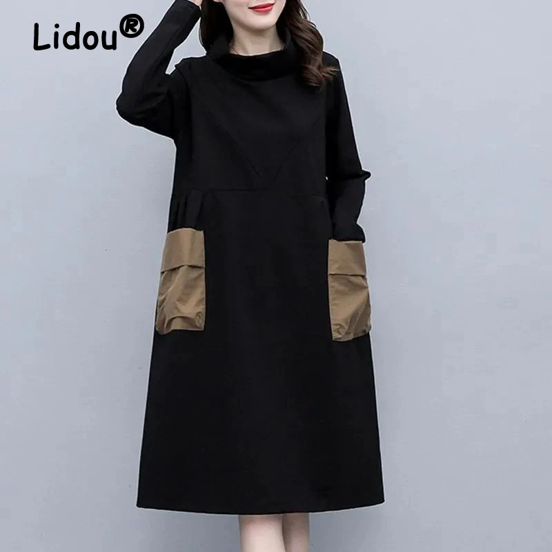 Women Korean Fashion High Collar Oversize Elegant Dresses Autumn Winter Casual Black Velvet Thick Long Sleeve Pockets Midi Dress