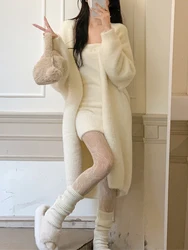 2022 Winter Pure Color Elegant Knitted Long Coats Women Casual Faux Fur Cardigan Sweater Office Lady Y2k Clothing Korean Fashion