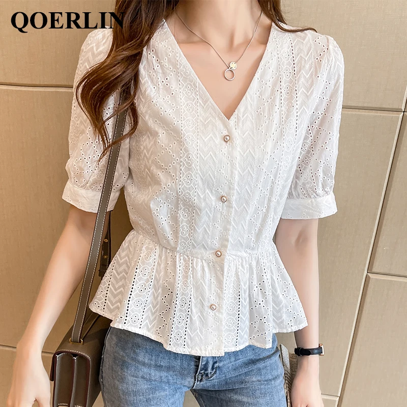 

QOERLIN Short Sleeve Women Summer White Shirts Embroidered V-Neck Short Tops Blouse Hollow Out 2024 New Casual Slim Waist Shirts