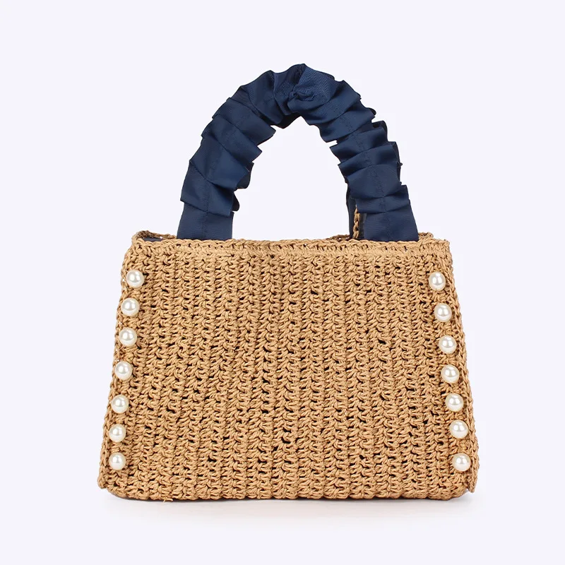 

Handmade Travel Beach Bag Pearls Straw Bags for Women Bohemian Ruched Handle Handbags Summer Woven Tote Bag Small Shopper