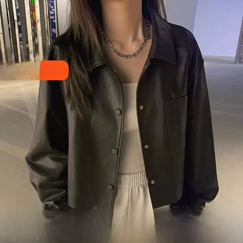 Sli ort PU Leather Jaet Women's Faion Spring Autumn Winter Motorcycle Coat New Trend D-Li Xin Bule Commute Sle