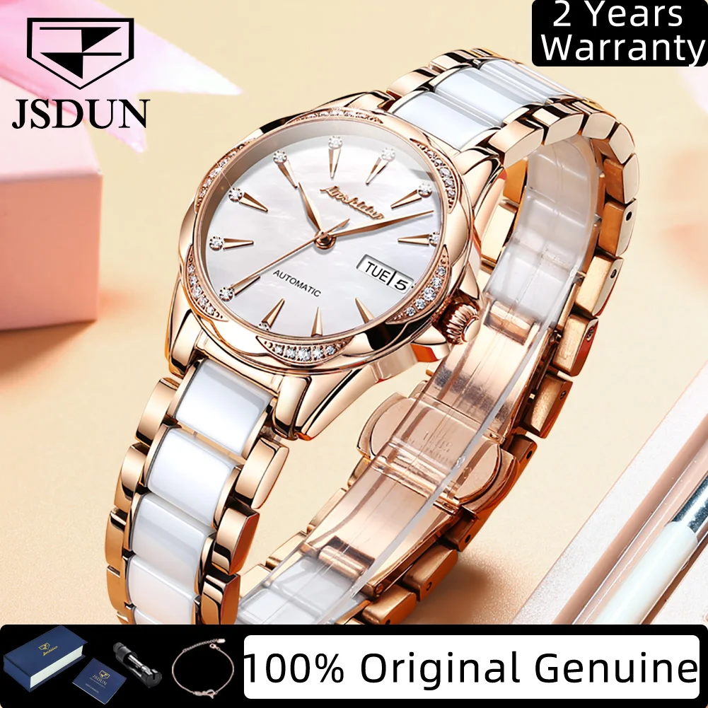 

JSDUN 8821, женские часы с керамическим стальным ремешком, механические женские часы с синтетическим сапфировым зеркалом, водонепроницаемые часы с двойным календарем