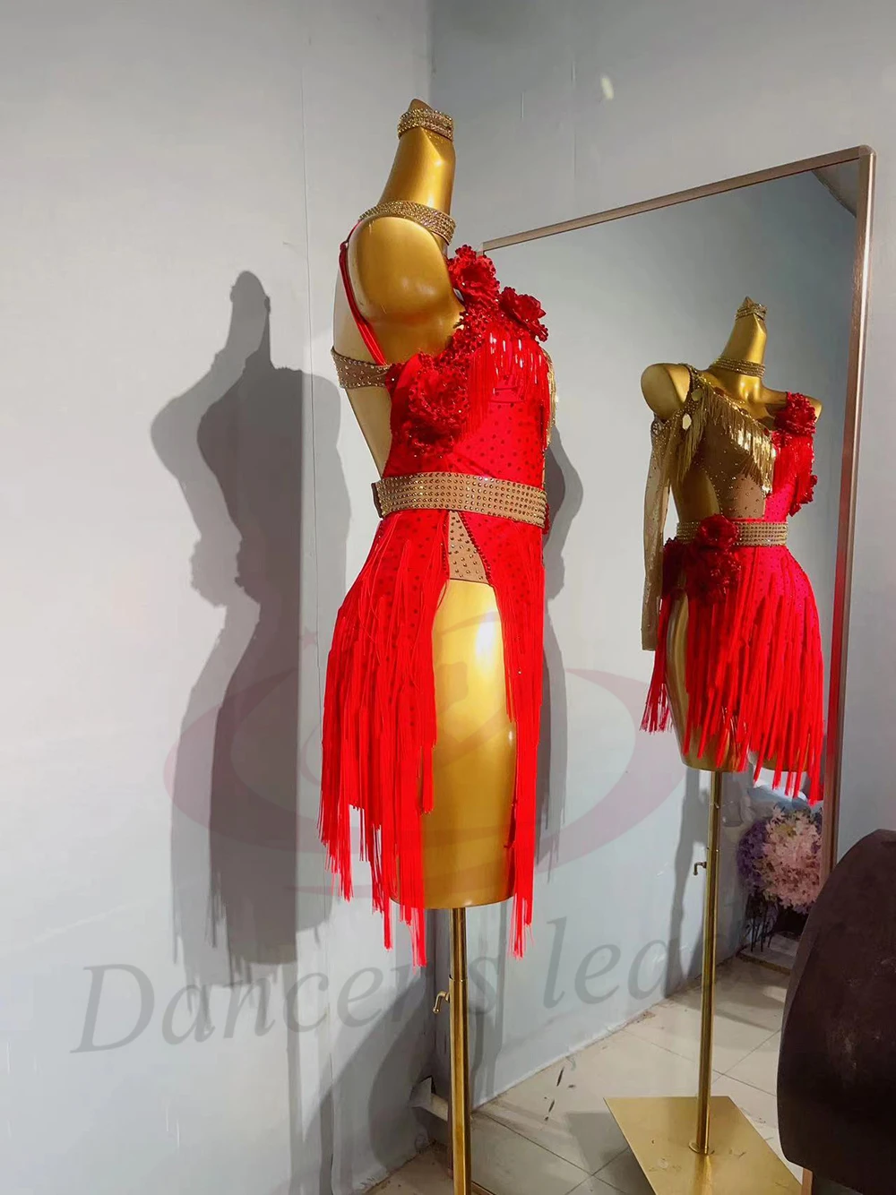 Vestido de dança latina para adultos e crianças, pedra ab, personalizado, flor vermelha, borla, preto, piscina, tango, vestido feminino