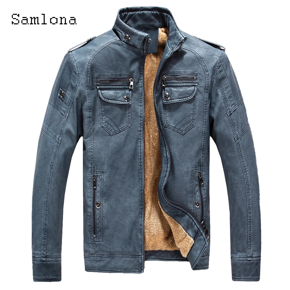 

2023 Winter Flocking Pu Leather Jackets Men Fashion Top Outerwear Mandarin Collar Overcoats Demin Blue Soft Faux Leather Jackets