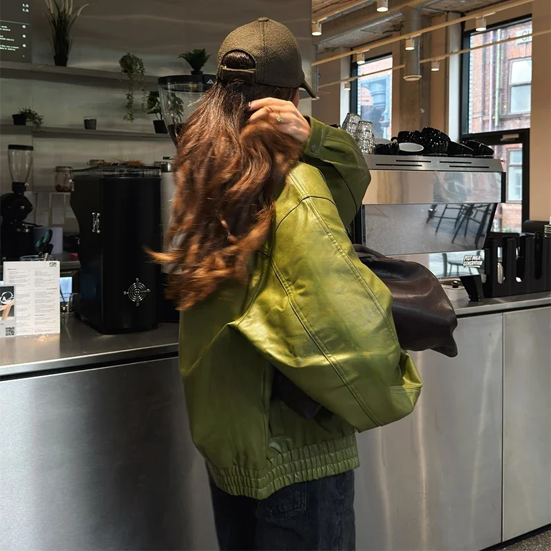 2025 New Lady Solid Streetwear Fashion Green PU Leather Jacket Women Laple Zipper Loose Full Sleeve Single Breasted Cropped Coat