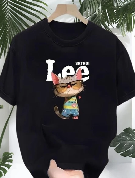 

2025 New Fashion Couple Kitten Brand Loose Printing Pure Cotton Fashion Short Sleeve Men's and Women's Same Summer