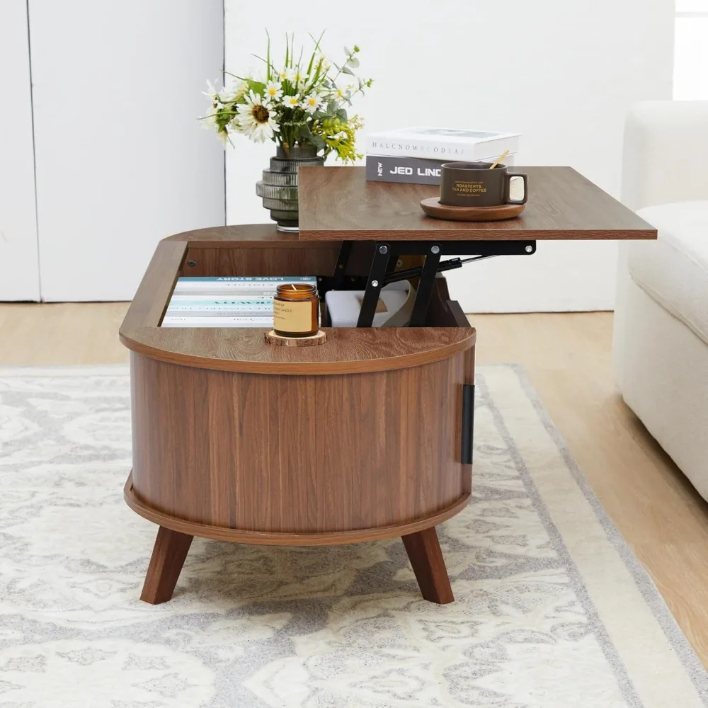 Small Lift Top Coffee Table with Sliding Tambour Door, 47.3 Mid Century Modern Curved Coffee Table with Storage