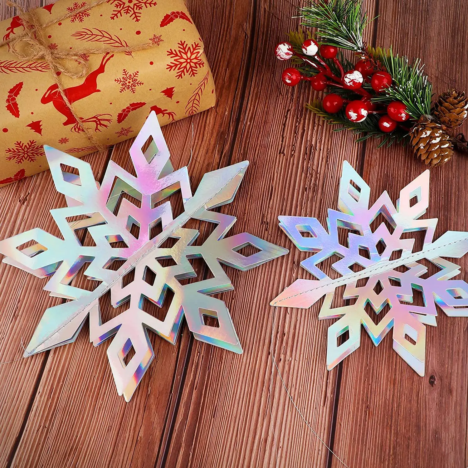 Christmas Decorative Beaded White 3D Snowflake String Set of Six Pieces Hanging Mall Shop Window Snowflake Hanging Decoration