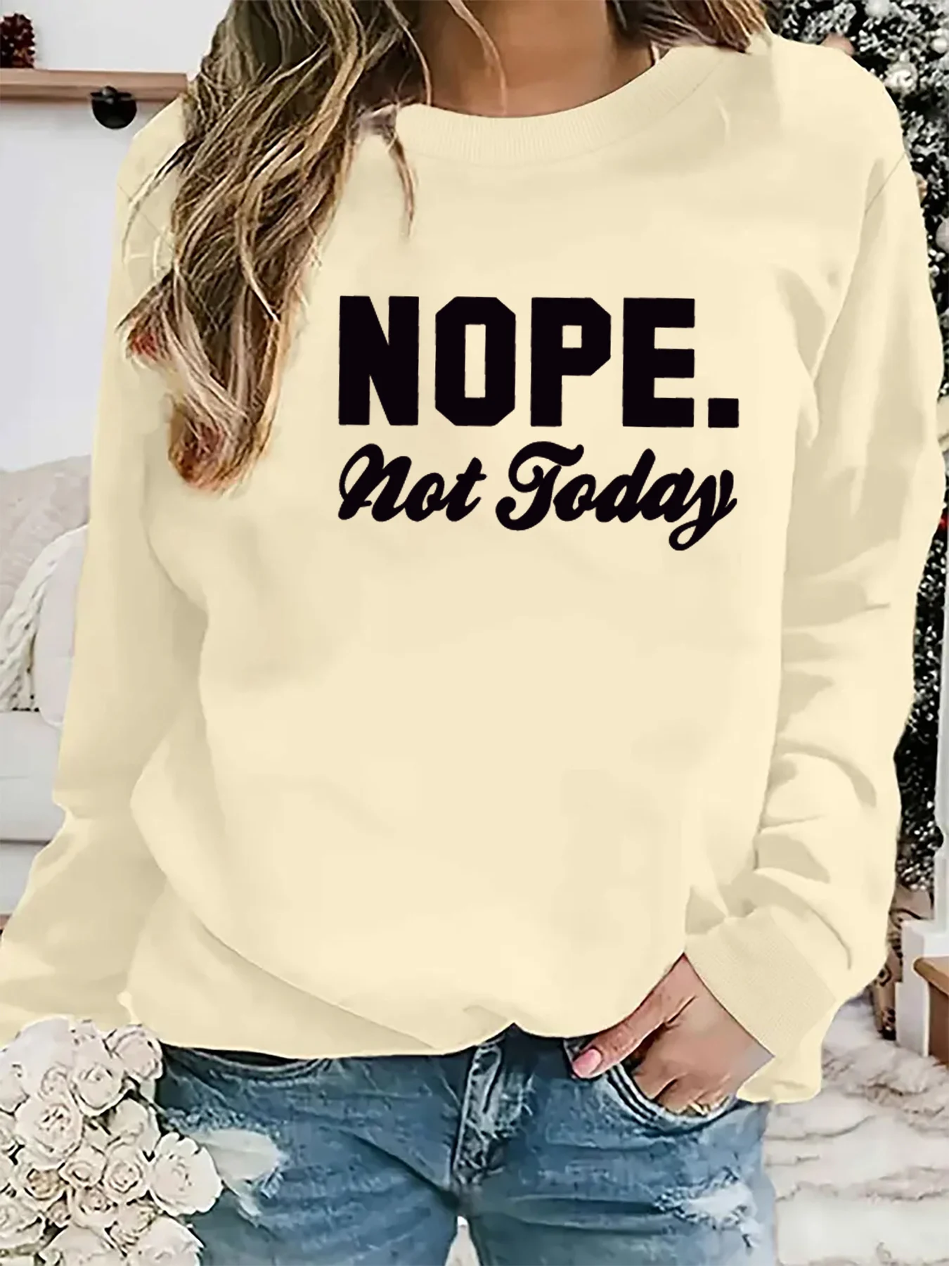 Damen Herbst und Winter lässige Mode locker bequem warm NOPE nicht heute bedruckter Rundhals-Langarmpullover