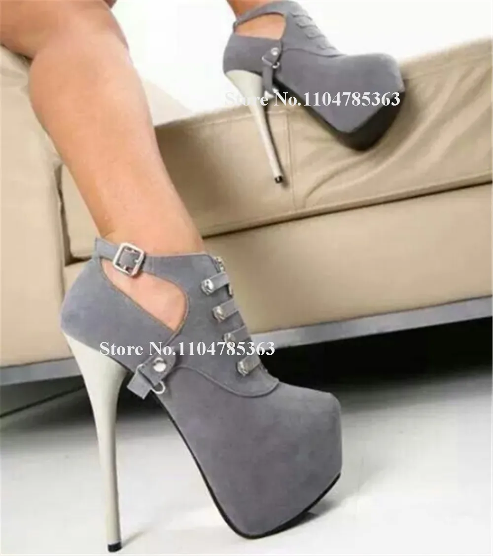 

Sexy Grey Suede Patchwork White Stiletto Heel Short Boots Round Toe Cut-out High Platform Thin Heel Ankle Booties