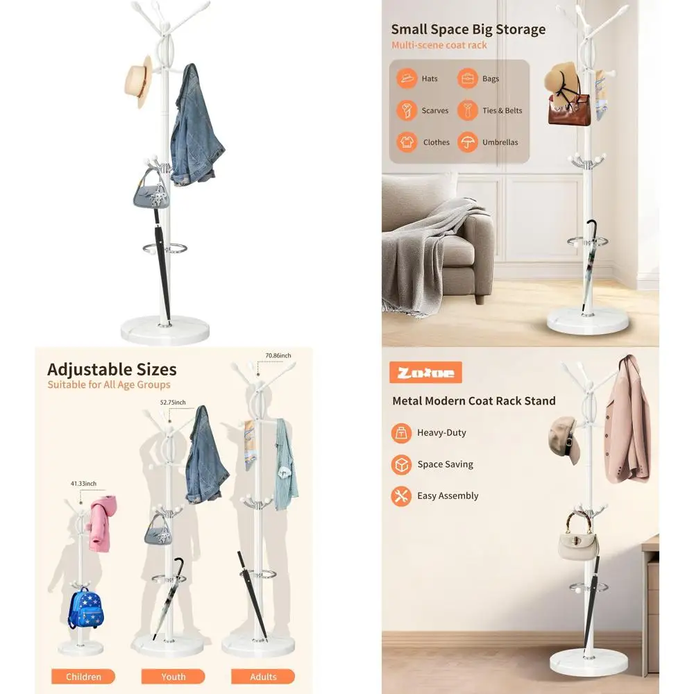 

Contemporary Freestanding Coat Rack with 10 Hooks, Marble Base, and Umbrella Stand for Home or Office Entryway