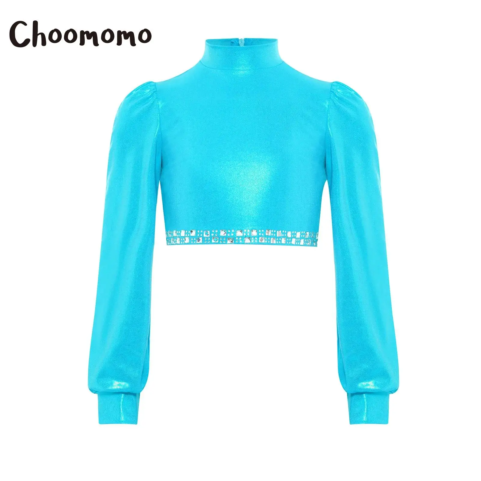

Girls Hip-hop Jazz Dance Top Mock Neck Long Sleeves Shiny Rhinestones Metallic Crop Tops School Basketball Cheerleading Costume