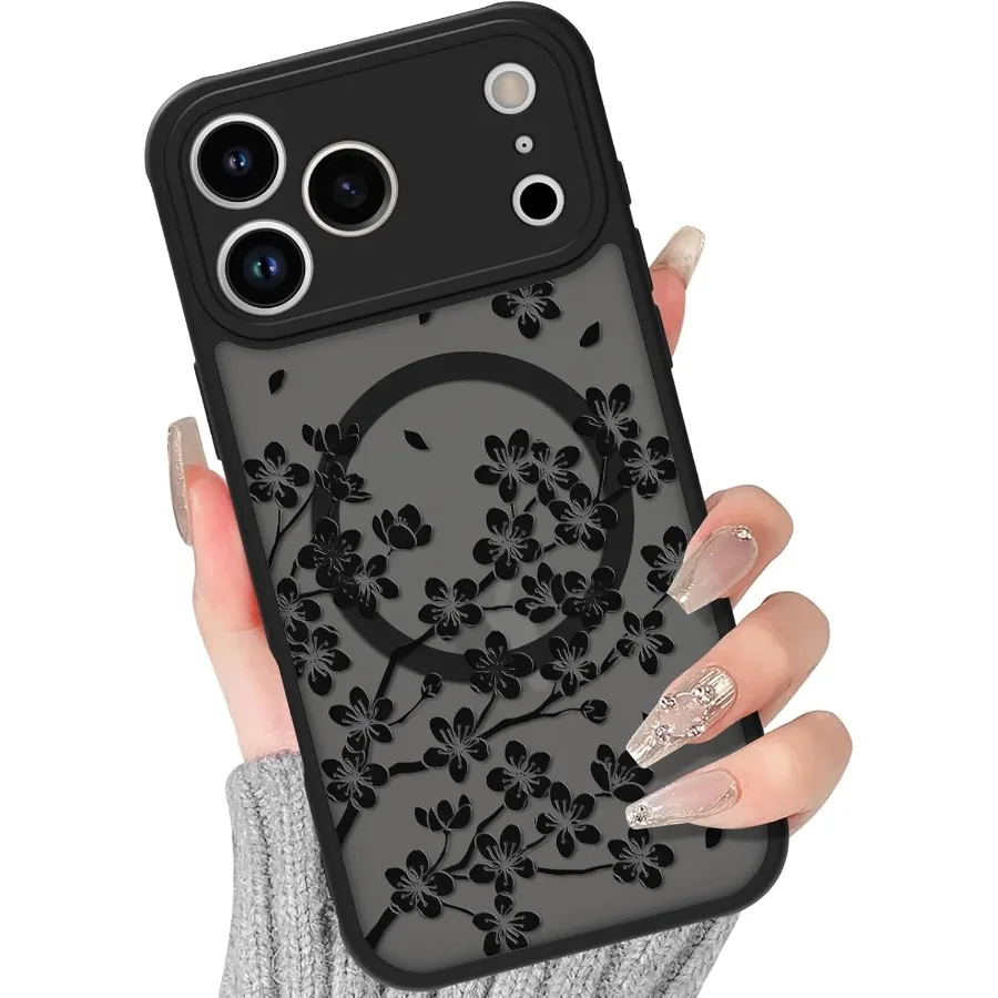 

Чехол с цветочным дизайном для iPhone 17 Pro Max, совместимый с MagSafe, милый черный цветочный узор, мягкий бампер из ТПУ, полупрозрачный магнит