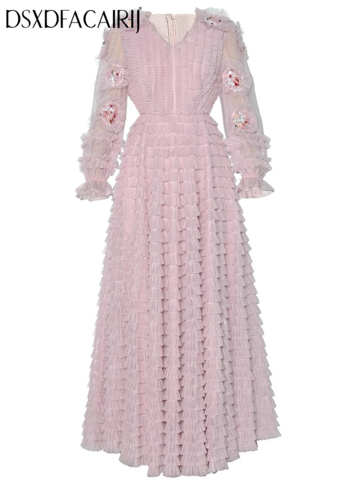 DSXDFACAIRIJ Women's Sequins Embroidery Mesh Dress V-Neck Lantern Sleeve Vintage Ball Gown Cake Style Fashion Spring Collection