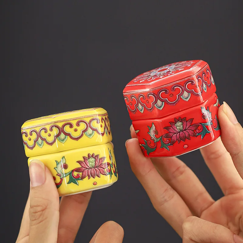 Enamel Mini Tea Jar with Painted Flowers Hexagonal Ceramic Storage Jar Moisture-Proof Sealed Jar Food Storage Container Decor