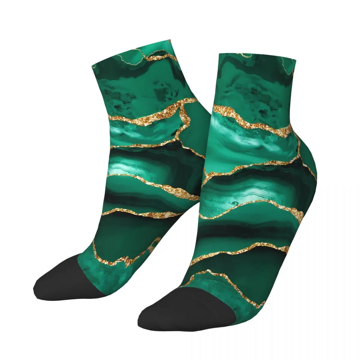 Emerald Green Malachite Faux Marble With Gold Glitter Ankle Socks Male Mens Women Summer Stockings Polyester