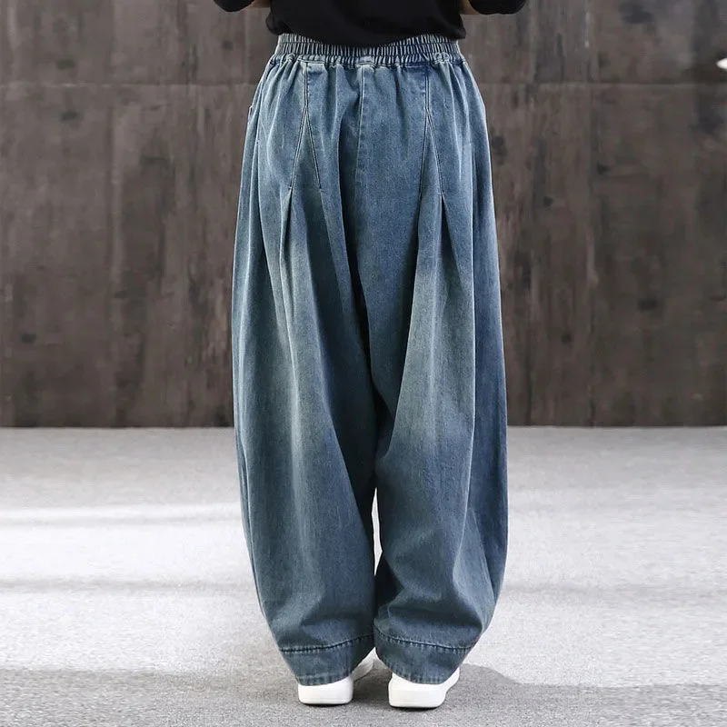 

Spring summer Loose Elastic waist Denim Wide leg Harem Pants For women Artistic Vintage Casual Jeans Loose Lantern Pants Female