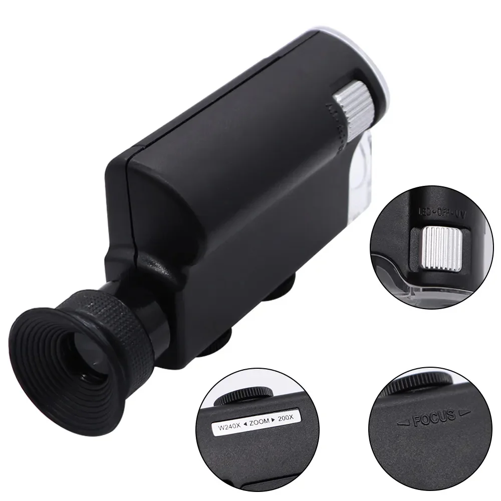 Hot sell Mini portable Microscope Pocket 140X~240X Handheld LED Lamp Light Loupe Zoom Magnifier Magnifying Glass Pocket Lens