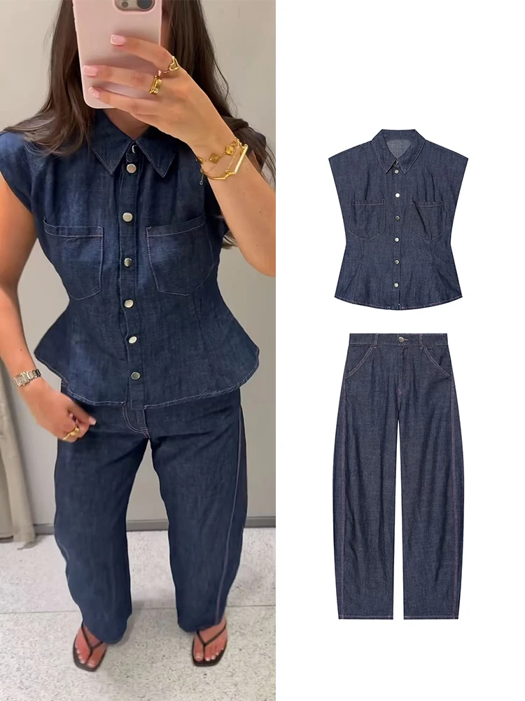 

TFMLN Women Denim Pant Set Chic Sleeveless Shoulder Pad Shirt Top Wide Leg Pants 2-Piece Casual Streetwear New Female Suits