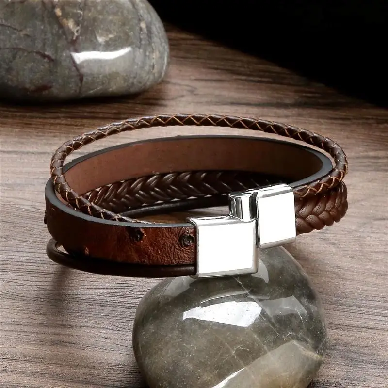 2023 New Men Leather Bracelets Braided Rope Bangle Multilayer Black Brown Color Vintage Punk Unisex Jewelry Wristband Gifts