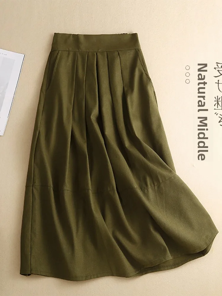 الرجعية عارضة الكتان f تنورة عالية الخصر ألف خط ميدي تنورة خمر Sle عالية الخصر تصميم للنساء موسم الصيف لون نقي #2