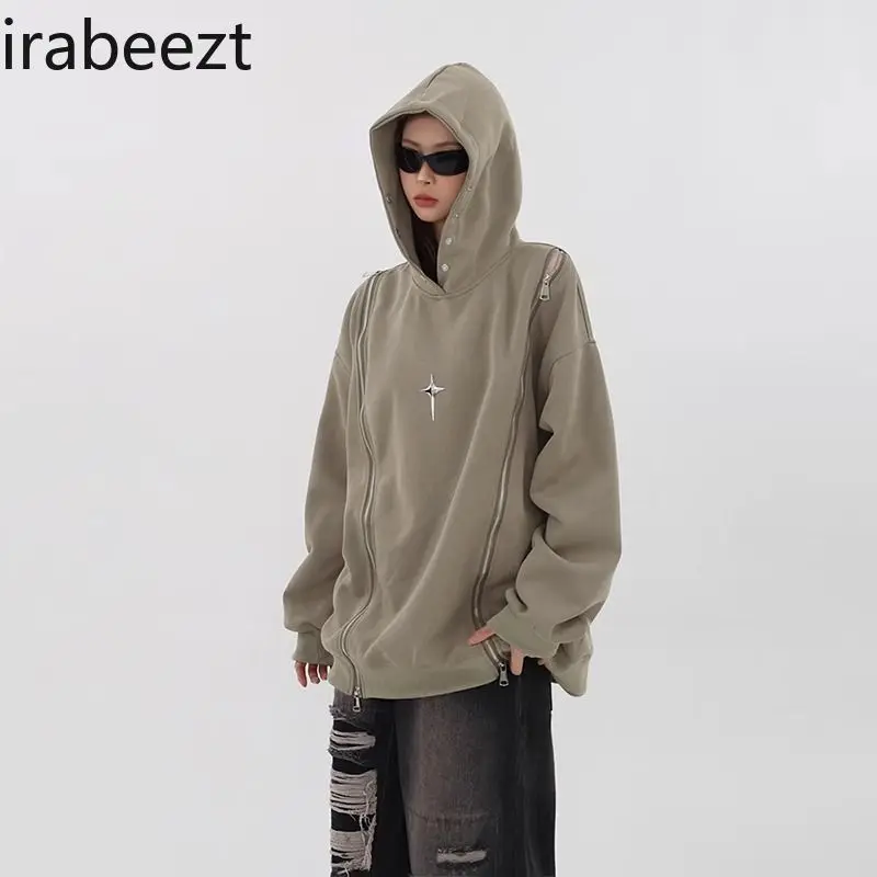 American Fashion Retro Oversize Coat Slouchy Design with Zipper National Trend College Style Hoodie Loose Fit Sweatshirt