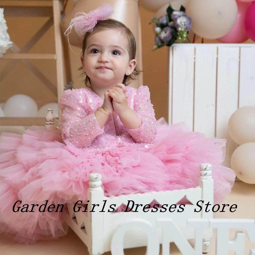 

Cute Pink Flower Girls Dresses with Sequined 2024 Summer Full Sleeve Tiered Christmas Dresses 2025 Summer New فستان عيد الميلاد