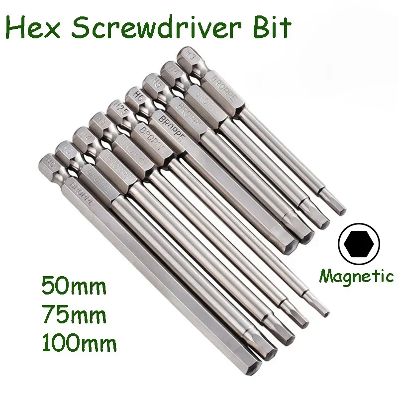 

Hex Head Allen Wrench Bits H1.5 H2 H2.5 - H8 Magnetic 1/4" Hex Shank S2 Steel 50/75/100/150mm Length Electric Batch Head Repair