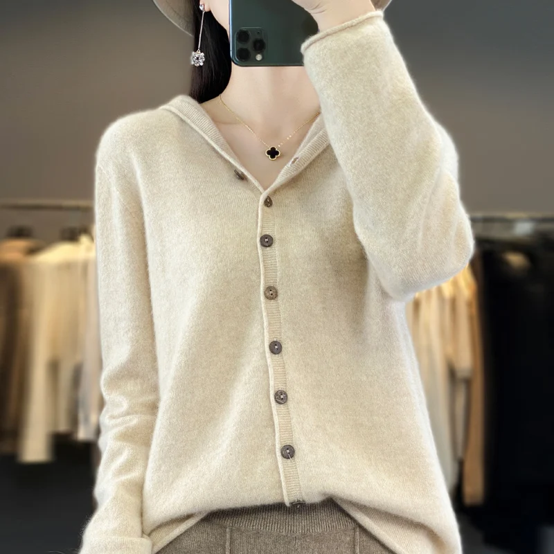 100% merino wool cardigan hat autumn and winter new cashmere sweater female O-neck cardigan warm bottoming sweater top