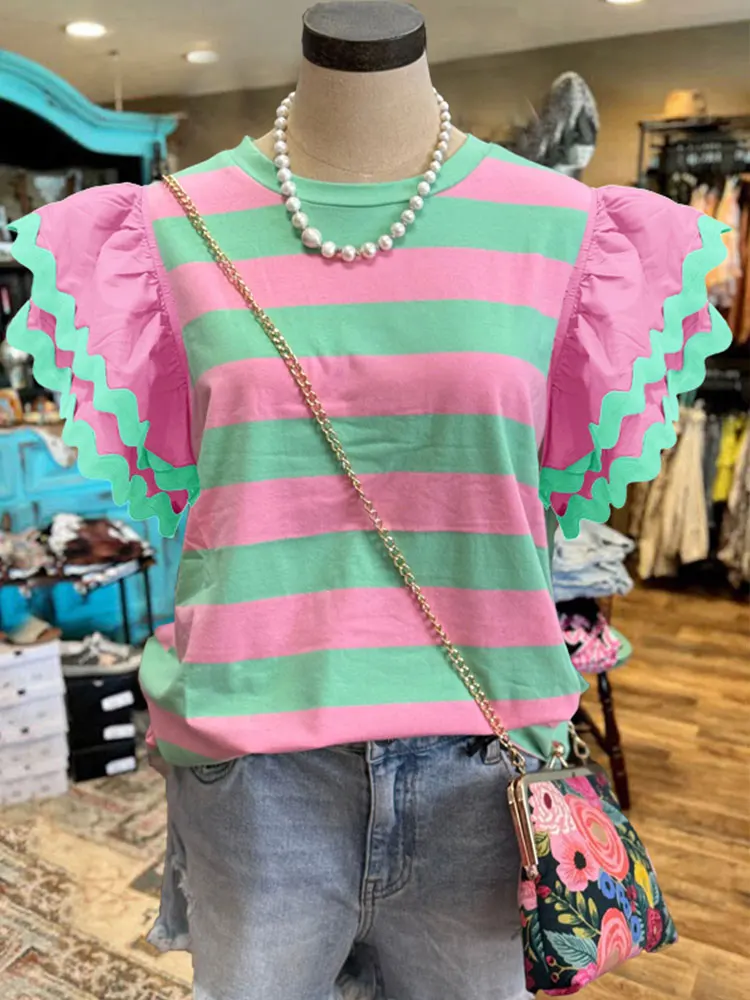 Contraste Ruffled Print Top, Blusa Listra Rosa e Verde