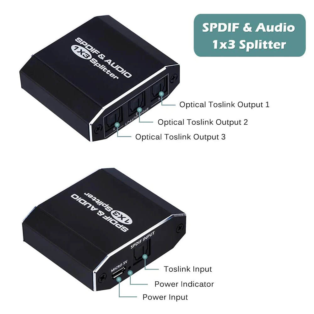 Digital Optical Audio Splitter 1X3 SPDIF Toslink Optical Fiber Audio Splitter 1 in 3 Out Aluminum Alloy