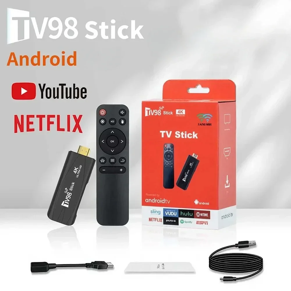 TV98 Android TV Stick 4k 12.1HD 2G 16G Smart TV Box 2.4G 5G Dual Wifi Smart Media Player Receiver