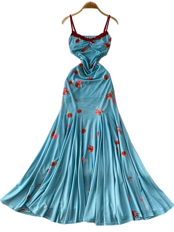 エレガントなレーストリムホルターネックドレス レディース スリムフィット 花柄 フィッシュテール ロングスカート 韓国風 ハイウエスト 夏 通勤ワンピース