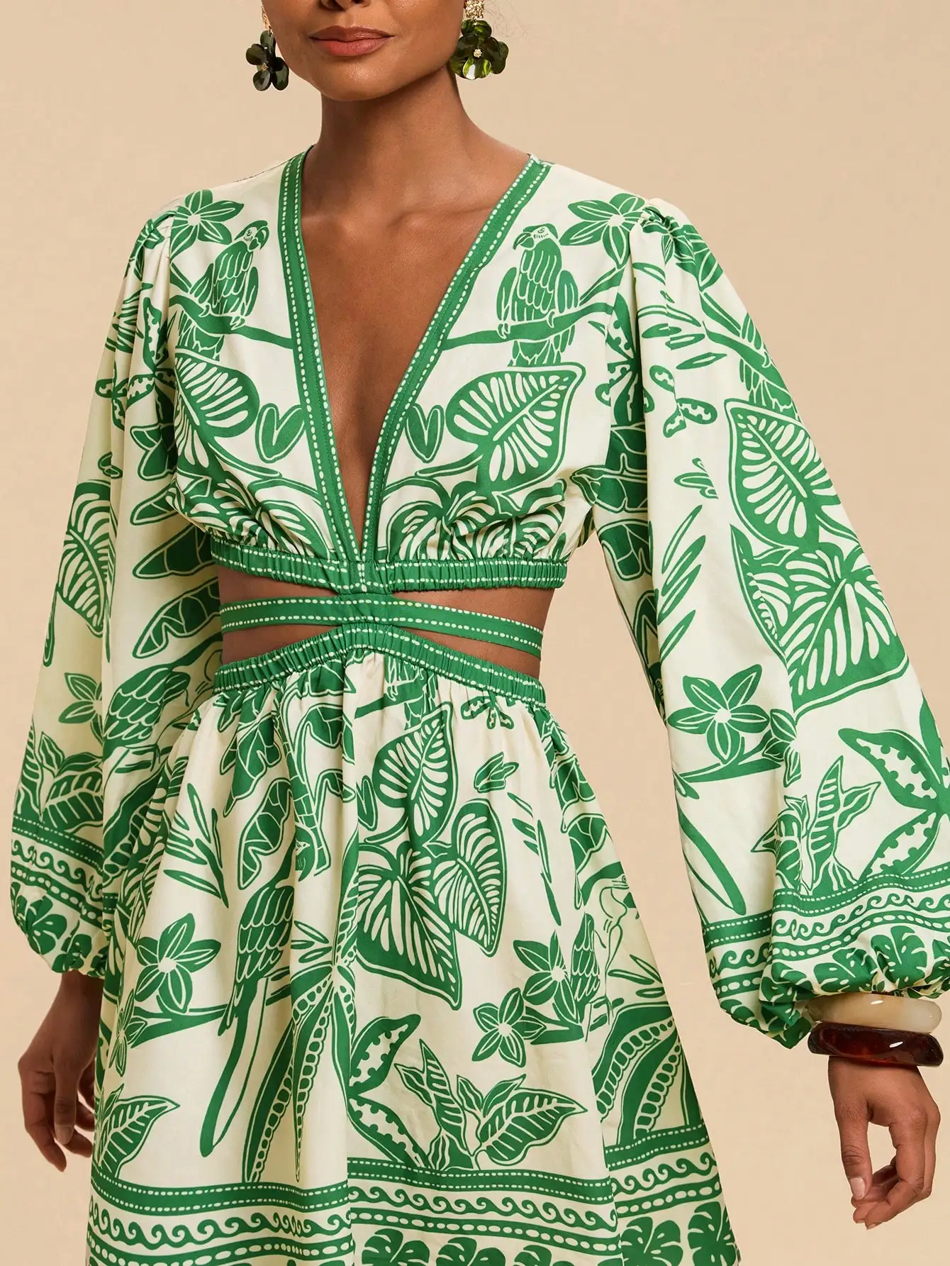 Green Tropical Print V-Neck Cutout Mini Dress with Bell Sleeves for Summer Beach & Festival