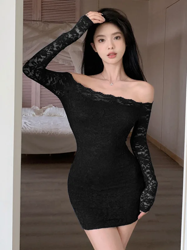 Women gaga mesh süßes mini kleid sexy würziges mädchen eine schulter spitze schiere kleid elegante büro dame koreanische herbst oberteile gtp8