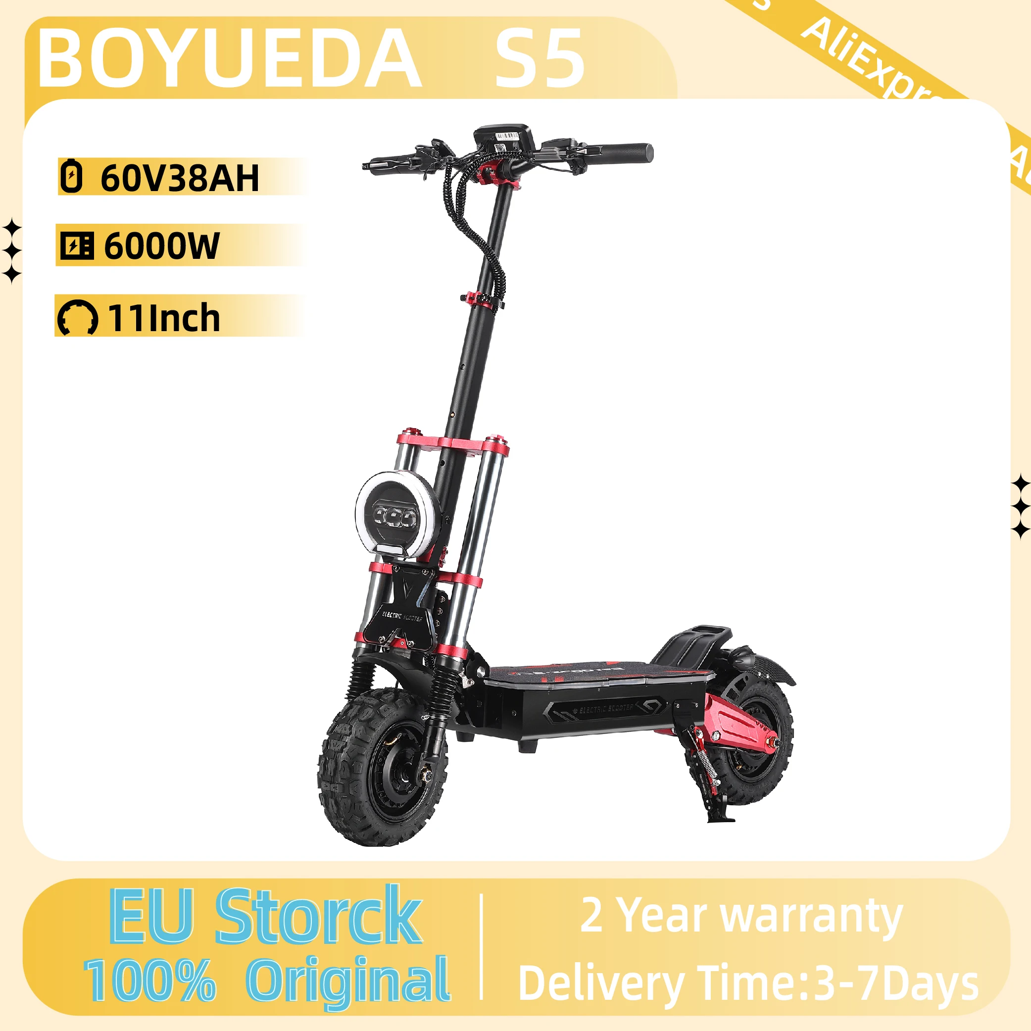 Trottinette électrique BOYUEDA S5-11 6000W à double moteur, contrôle par application activé par NFC, batterie 60V38AH, pneus silencieux pour les trajets urbains