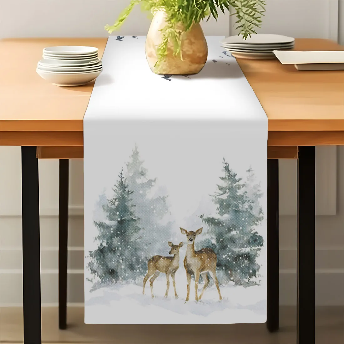 Christmas Winter Elk Table Runner Kitchen Dining Table Decor Indoor Home Table Runners Dining Long Cloth 33x183cm