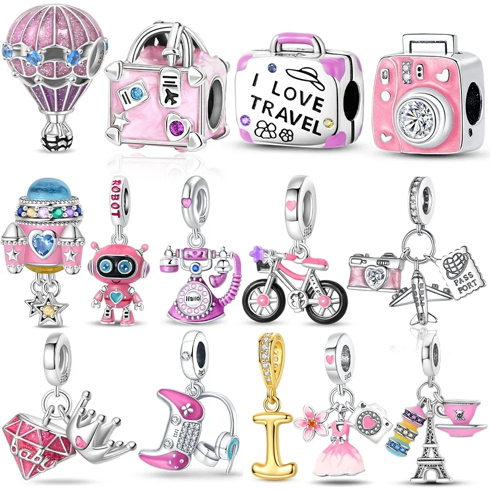 Encantos 925 prata caixa original diamante coroa astronauta avião contas caber pulseira feminina jóias fazendo diy presente fino