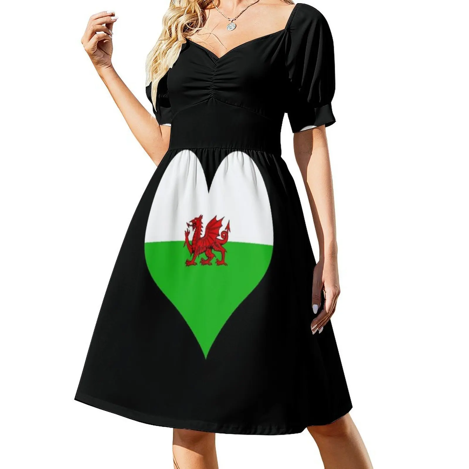 فستان Cymru ذو فتحة عنق على شكل قلب فستان صيفي أنيق للحفلات للنساء فستان التنين الأحمر الويلزي